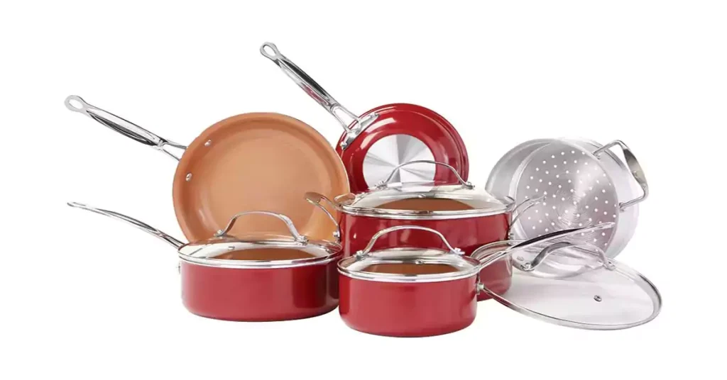 Best Cookware For Electric Stove BulbHead Red Copper 10 PC Copper-Infused Ceramic Non-Stick Cookware Set